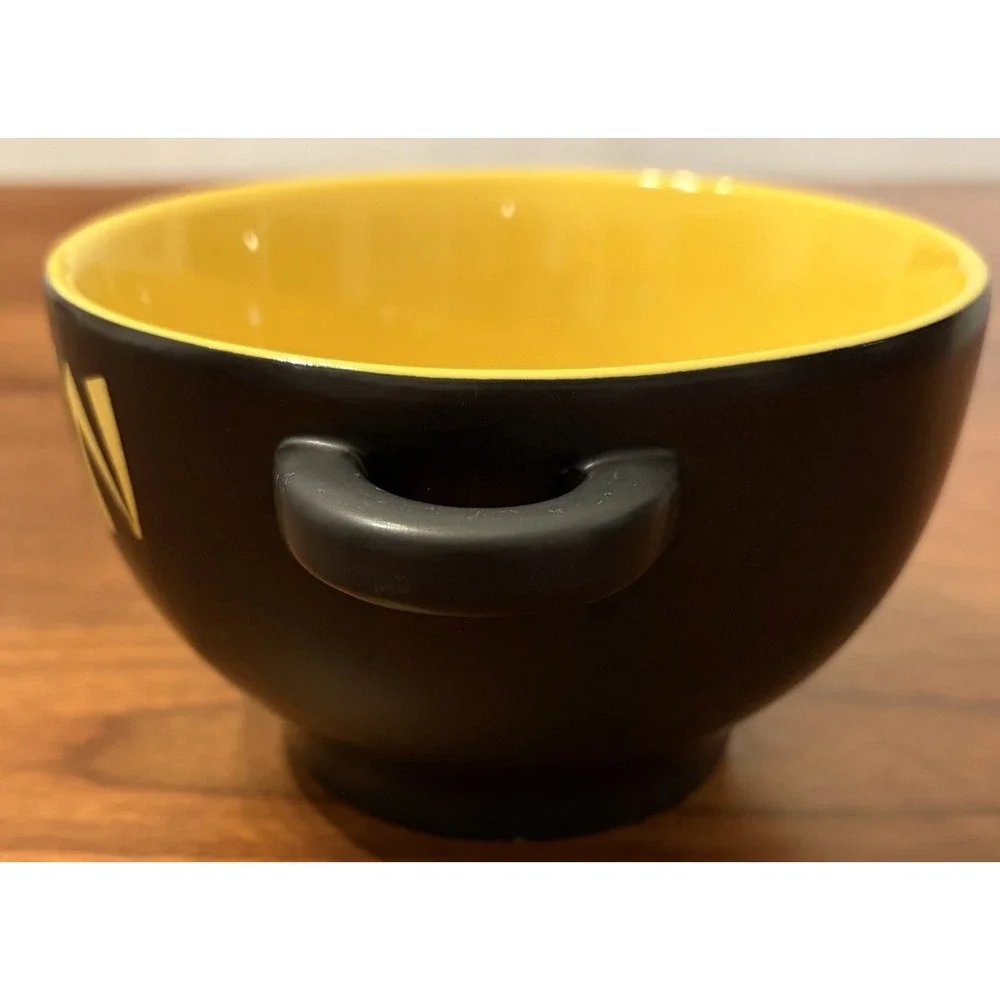 World Market Ramen Noodle Bowl Black Matte Ceramic Yellow Interior with Handles